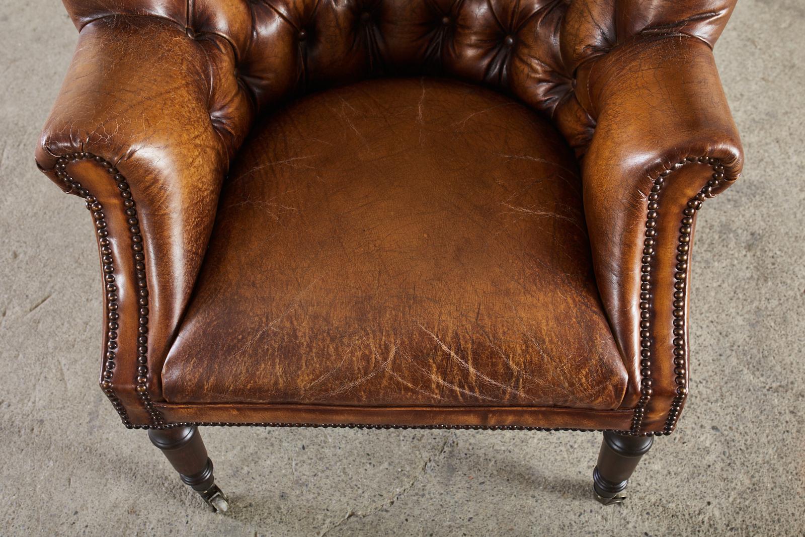 Pair of English Georgian Style Cigar Leather Wingback Chairs 3