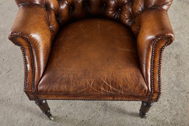Pair of English Style Cigar Leather Wingback Chairs at 1stDibs