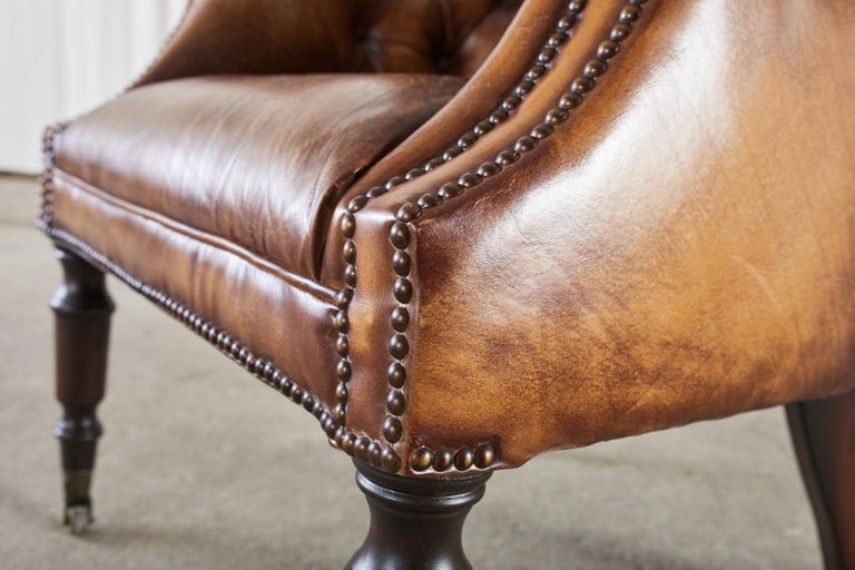 Pair of English Style Cigar Leather Wingback Chairs at 1stDibs