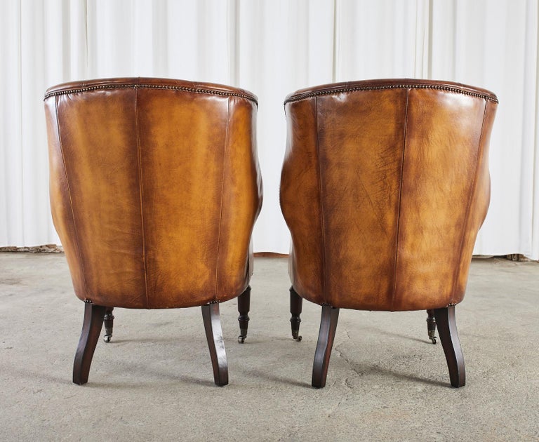 Pair of English Style Cigar Leather Wingback Chairs at 1stDibs