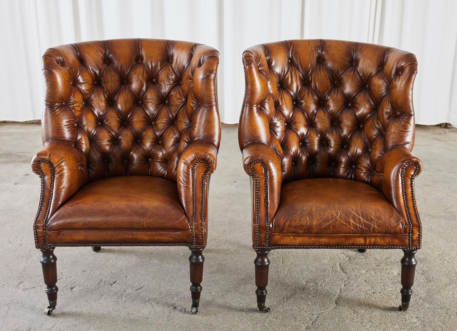 Chesterfield Pair of English Georgian Style Cigar Leather Wingback Chairs