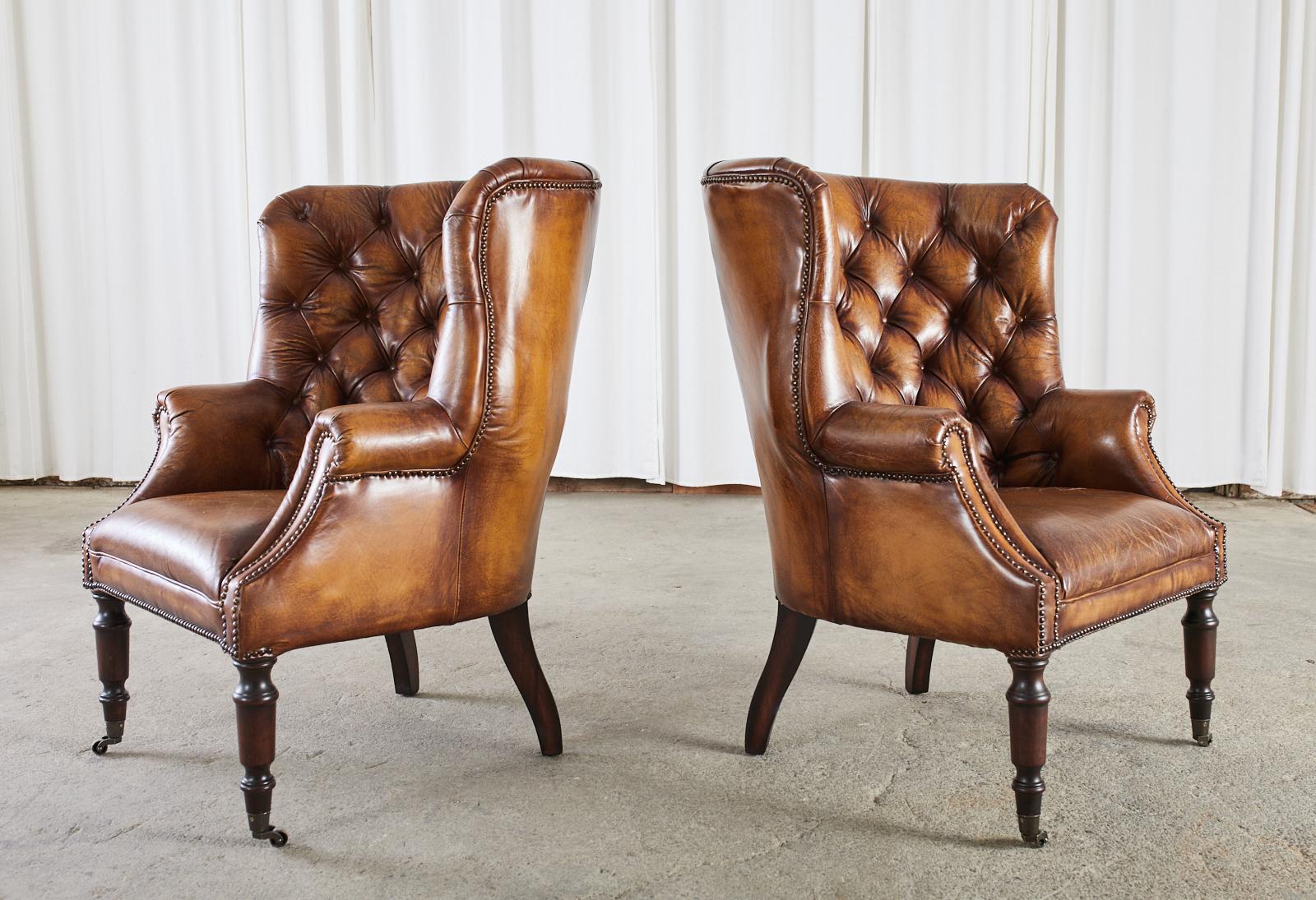 Pair of English Georgian Style Cigar Leather Wingback Chairs In Good Condition In Rio Vista, CA