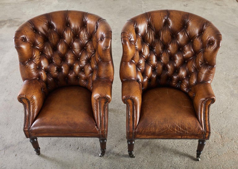 Pair of English Style Cigar Leather Wingback Chairs at 1stDibs