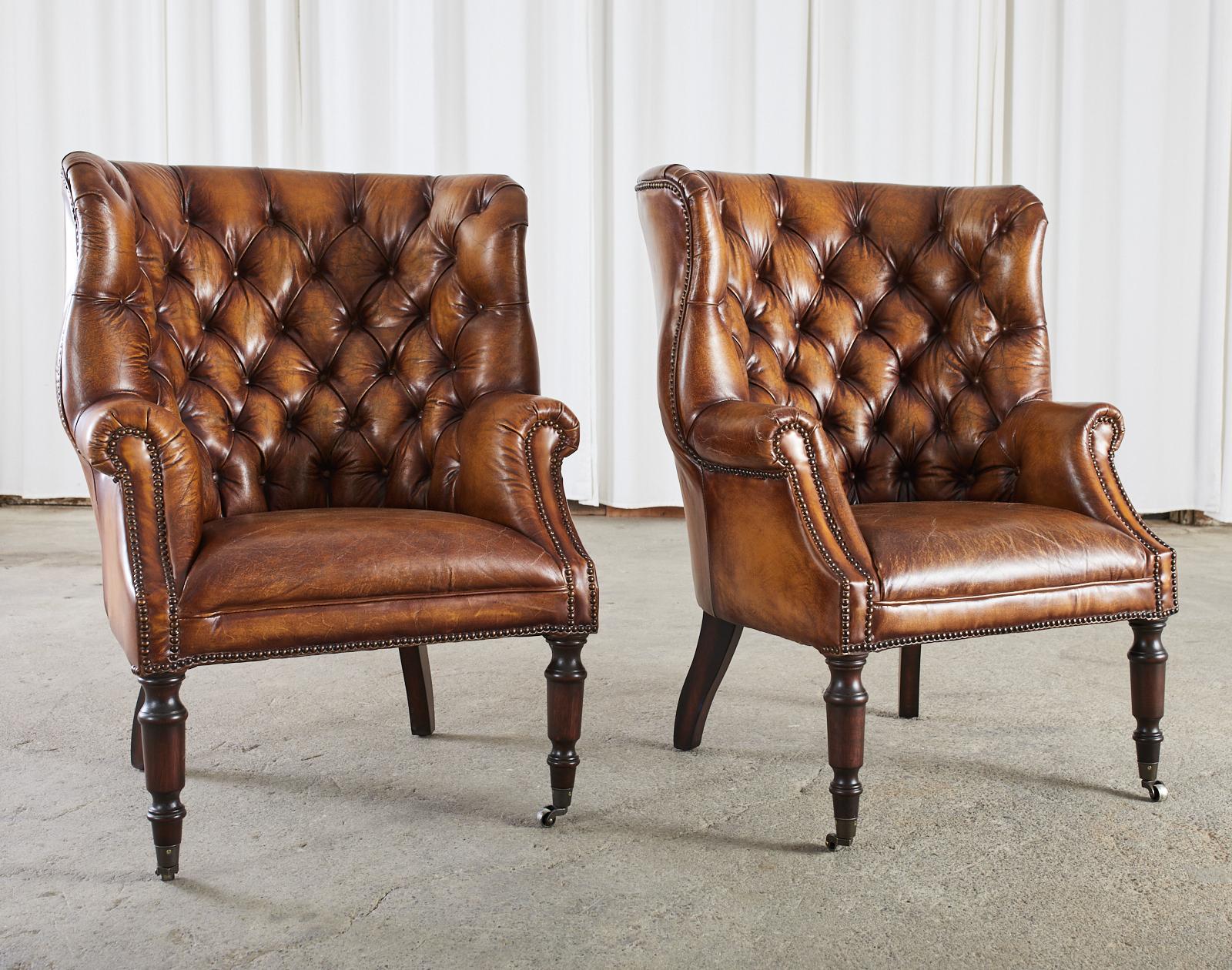 Brass Pair of English Georgian Style Cigar Leather Wingback Chairs
