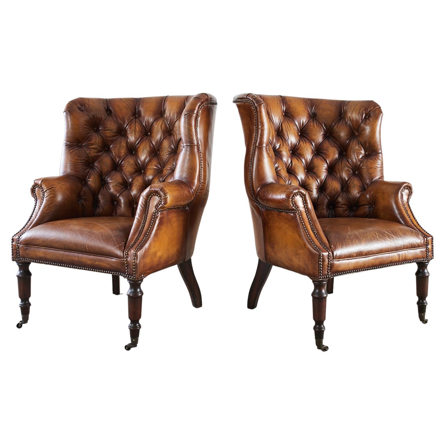 Pair of English Georgian Style Cigar Leather Wingback Chairs