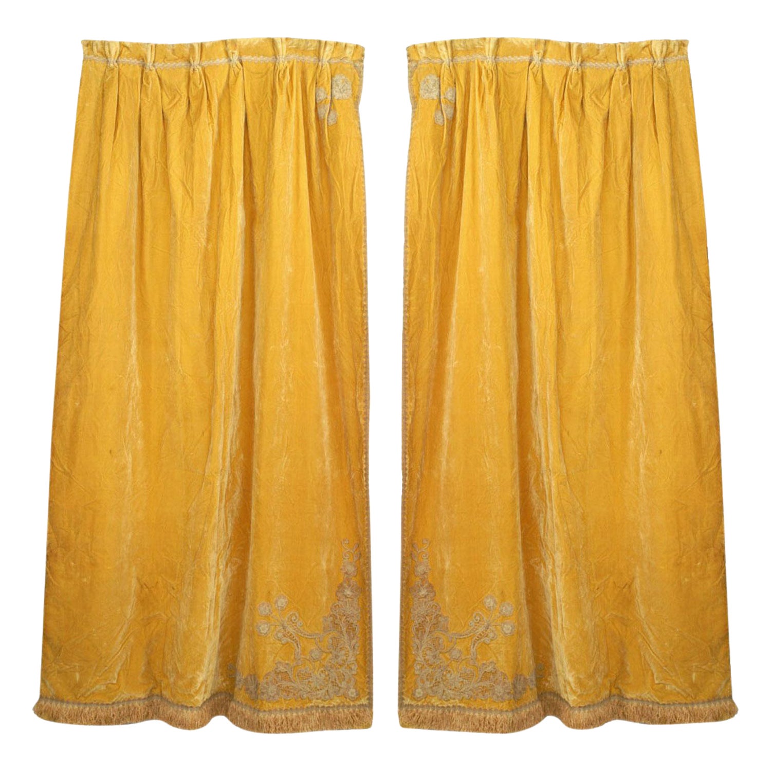 Pair of English Georgian Style Gold Velvet Fringe Lace Drapes