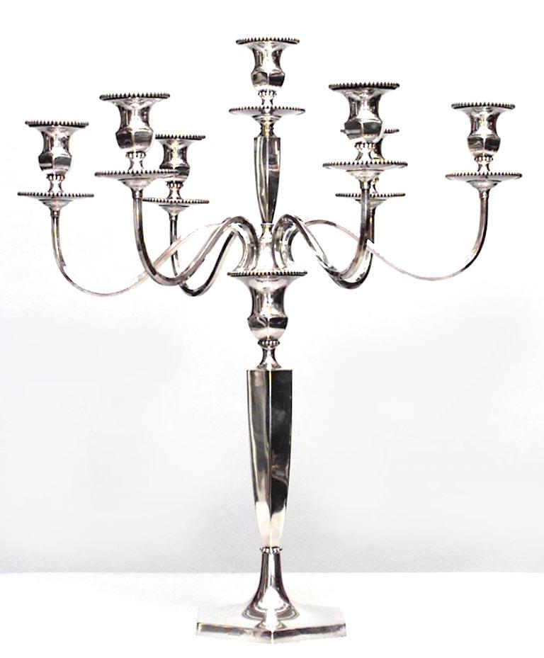 Pair of English Georgian-style (19th Century) large silver plate 7 arm candelabras (Hallmark) (PRICED AS Pair)
