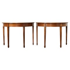 Antique Pair of English Georgian Style Mahogany Demilune Console Tables 