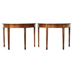 Pair of English Georgian Style Mahogany Demilune Console Tables 