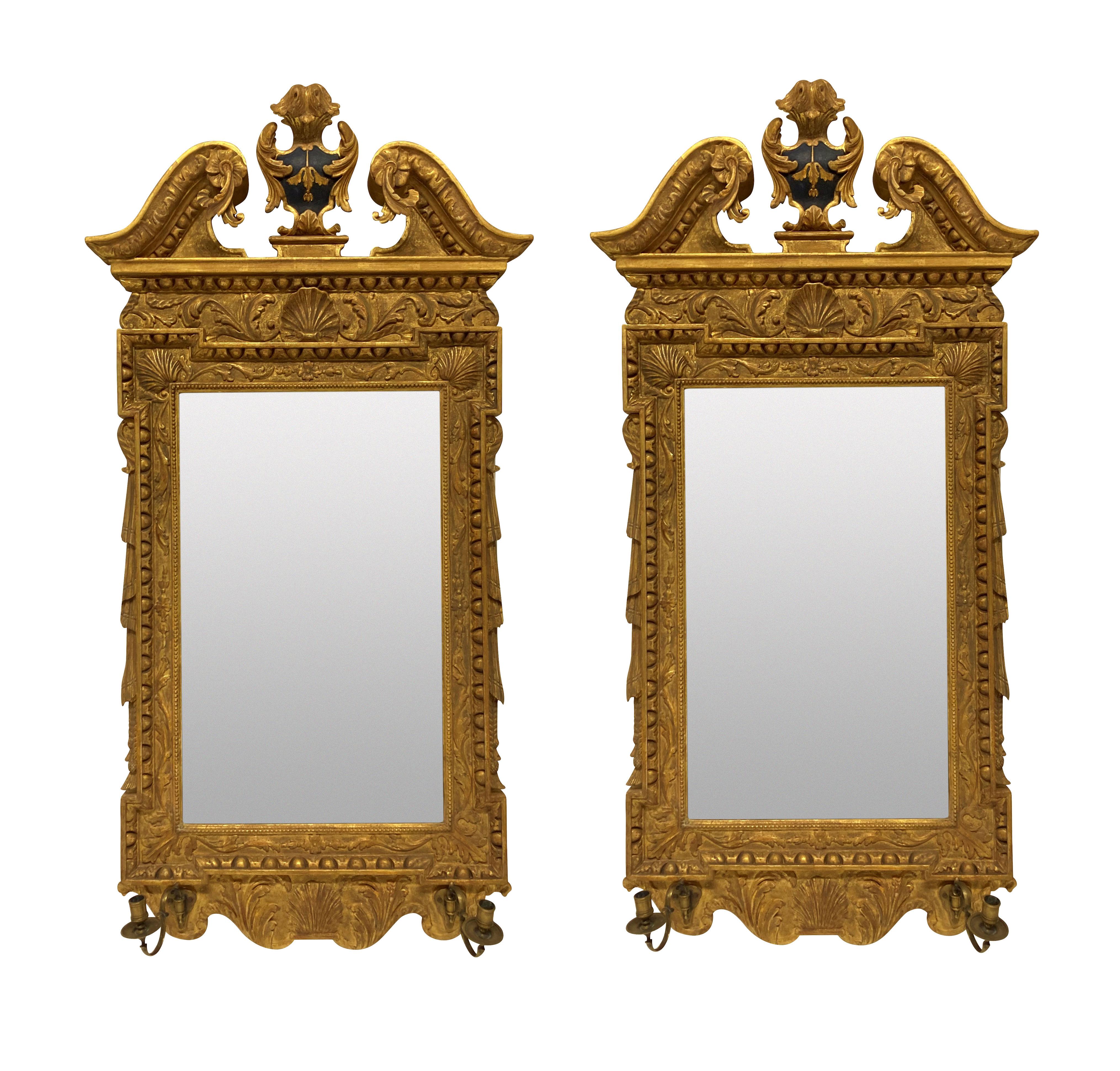 Pair of English Georgian Style Giltwood Mirrors With Girandole 1