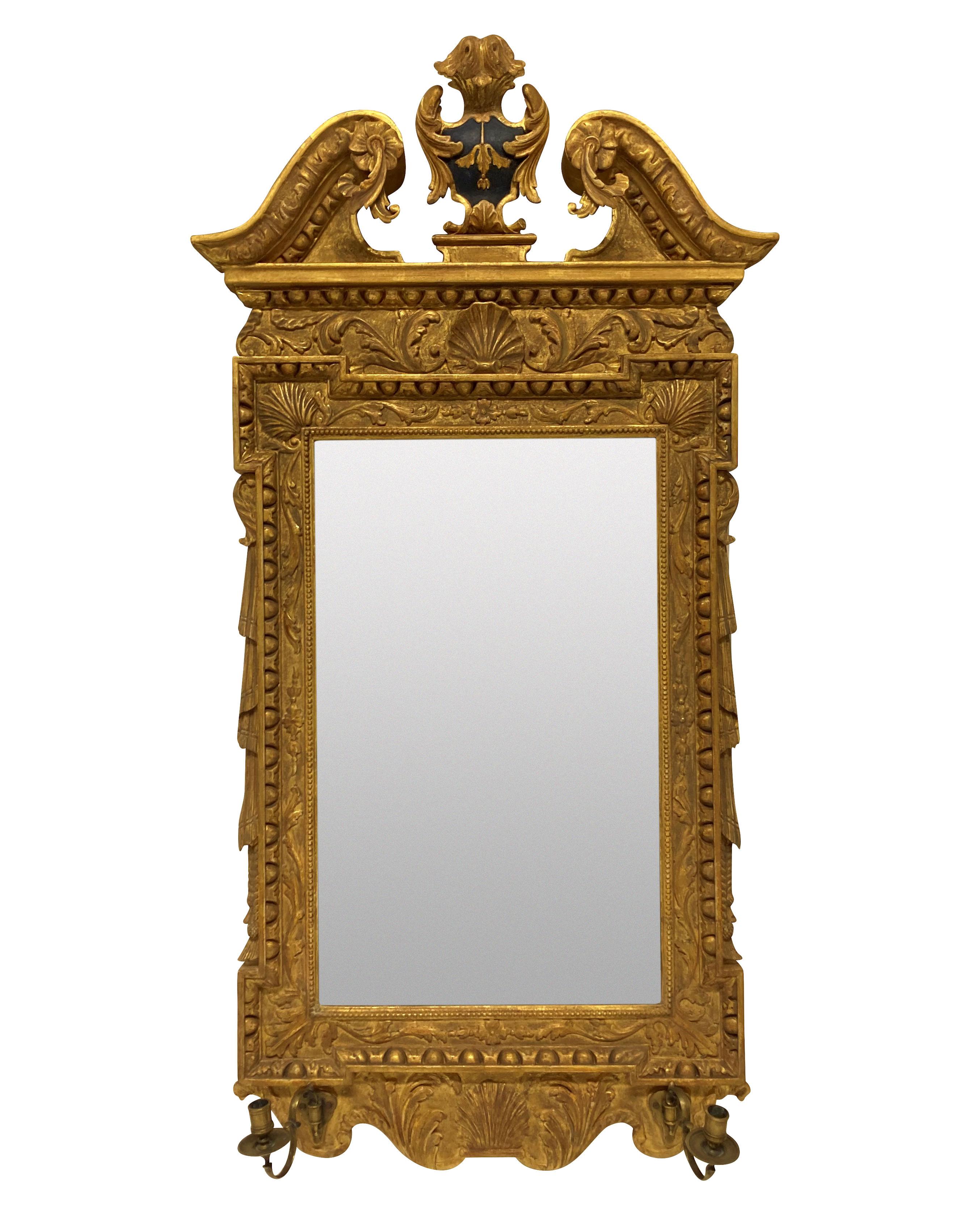 Pair of English Georgian Style Giltwood Mirrors With Girandole 2