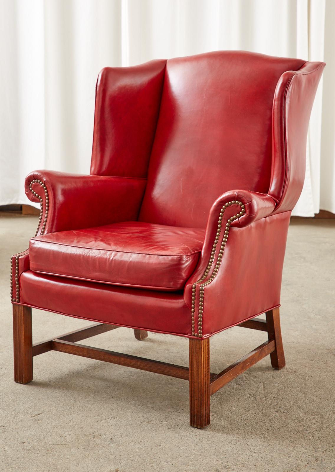 Pair of English Georgian Style Ruby Red Leather Wingback Chairs In Good Condition For Sale In Rio Vista, CA