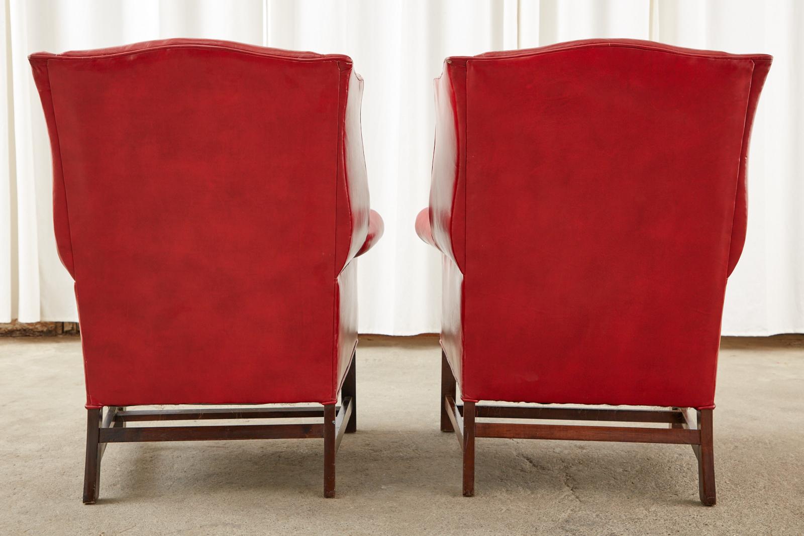 Pair of English Georgian Style Ruby Red Leather Wingback Chairs For Sale 8