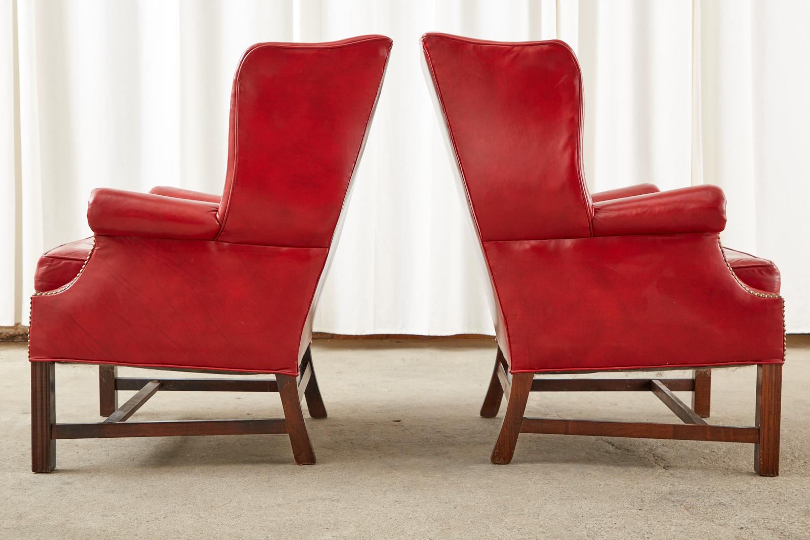 George III Pair of English Georgian Style Ruby Red Leather Wingback Chairs For Sale