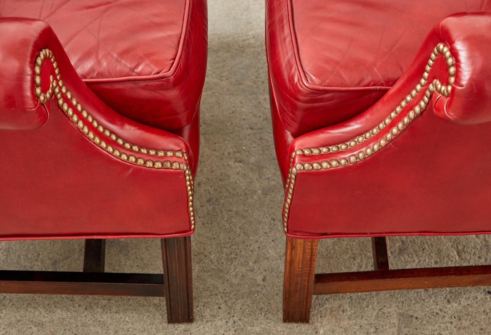 American Pair of English Georgian Style Ruby Red Leather Wingback Chairs For Sale