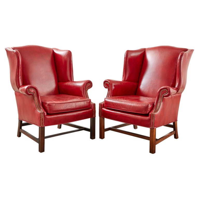 Pair of English Style Ruby Red Leather Wingback Chairs For