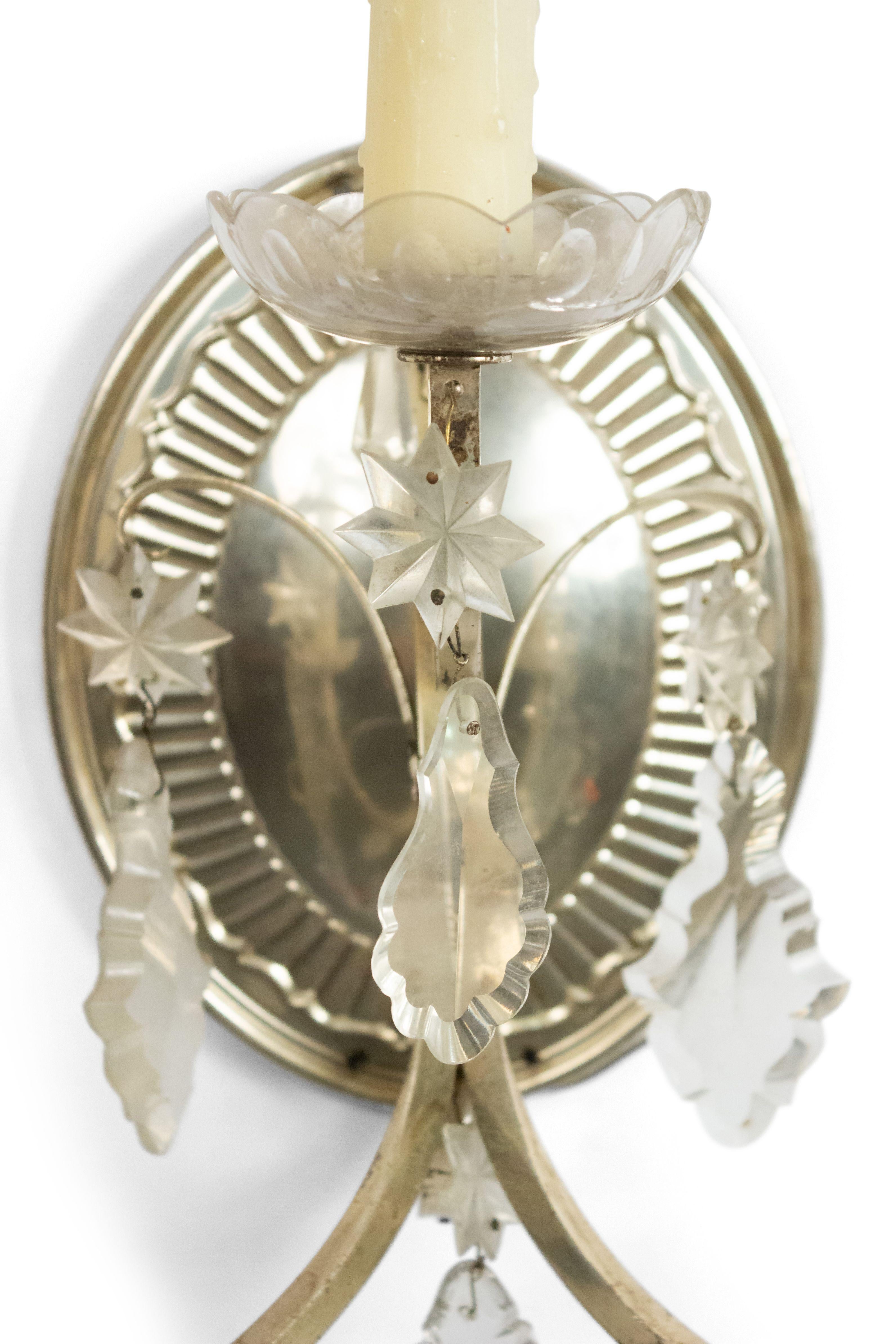 British Pair of English Georgian Silver Plate and Crystal Wall Sconces For Sale