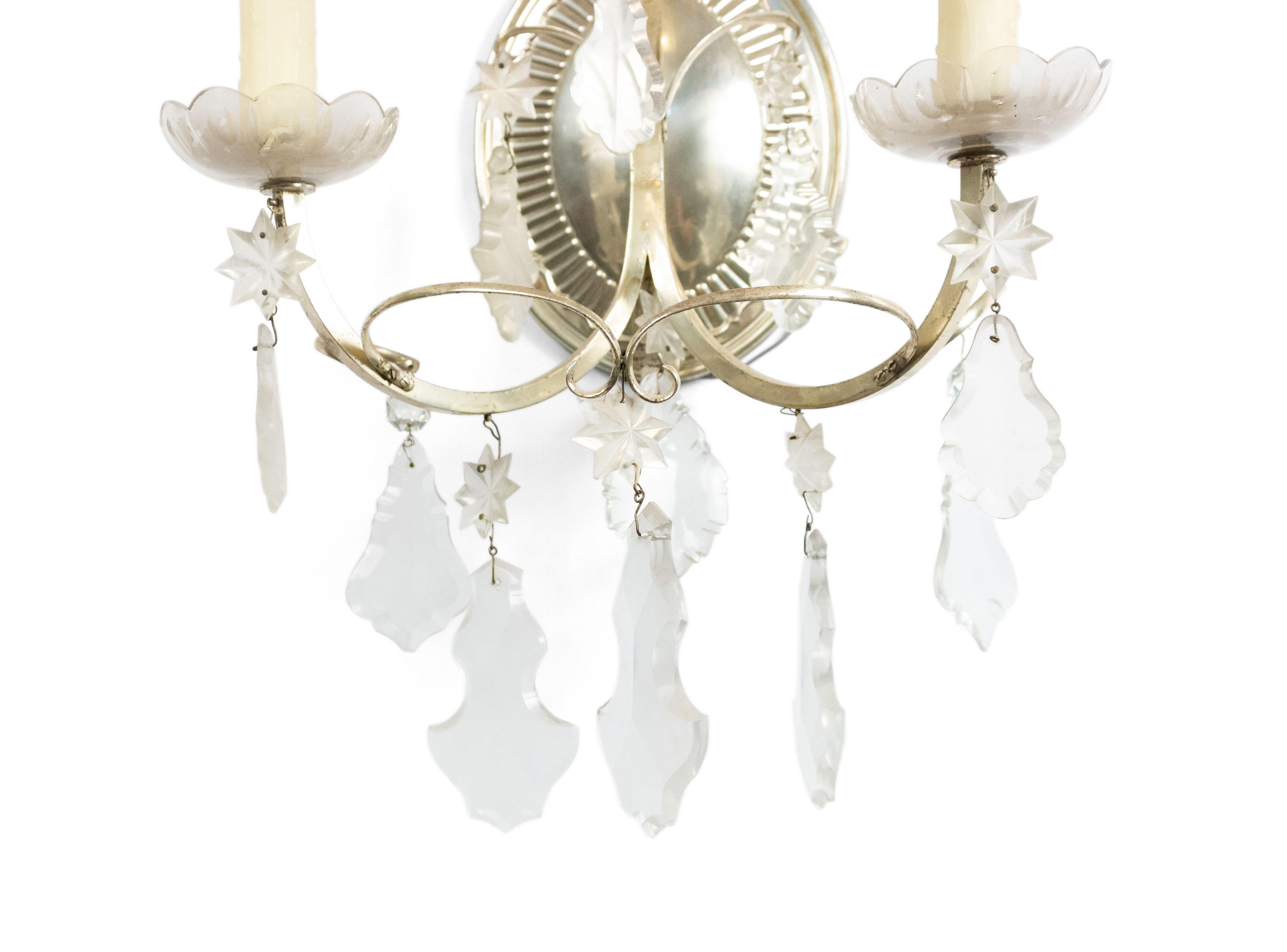 Pair of English Georgian Silver Plate and Crystal Wall Sconces For Sale 1
