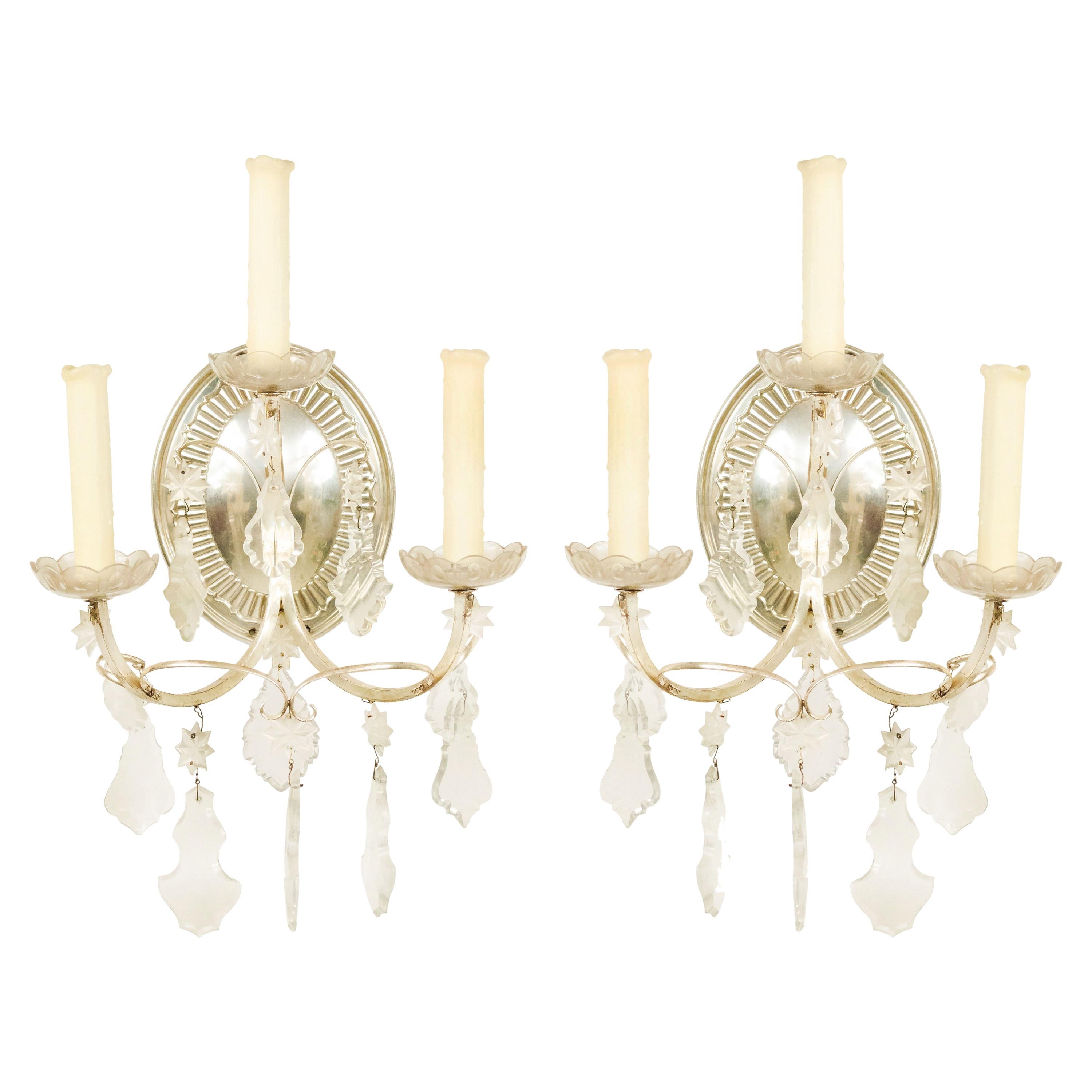 Pair of English Georgian Silver Plate and Crystal Wall Sconces