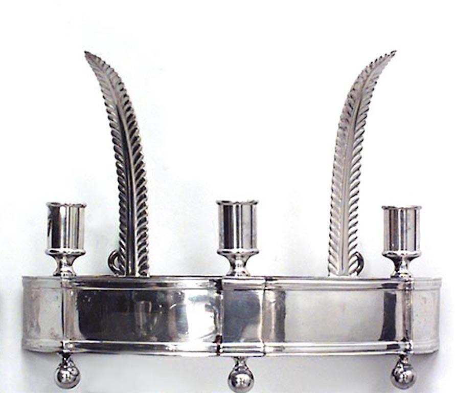 Pair of English Georgian style (20th century) silver plate half round wall sconces with 3 arms and 2 feathers.