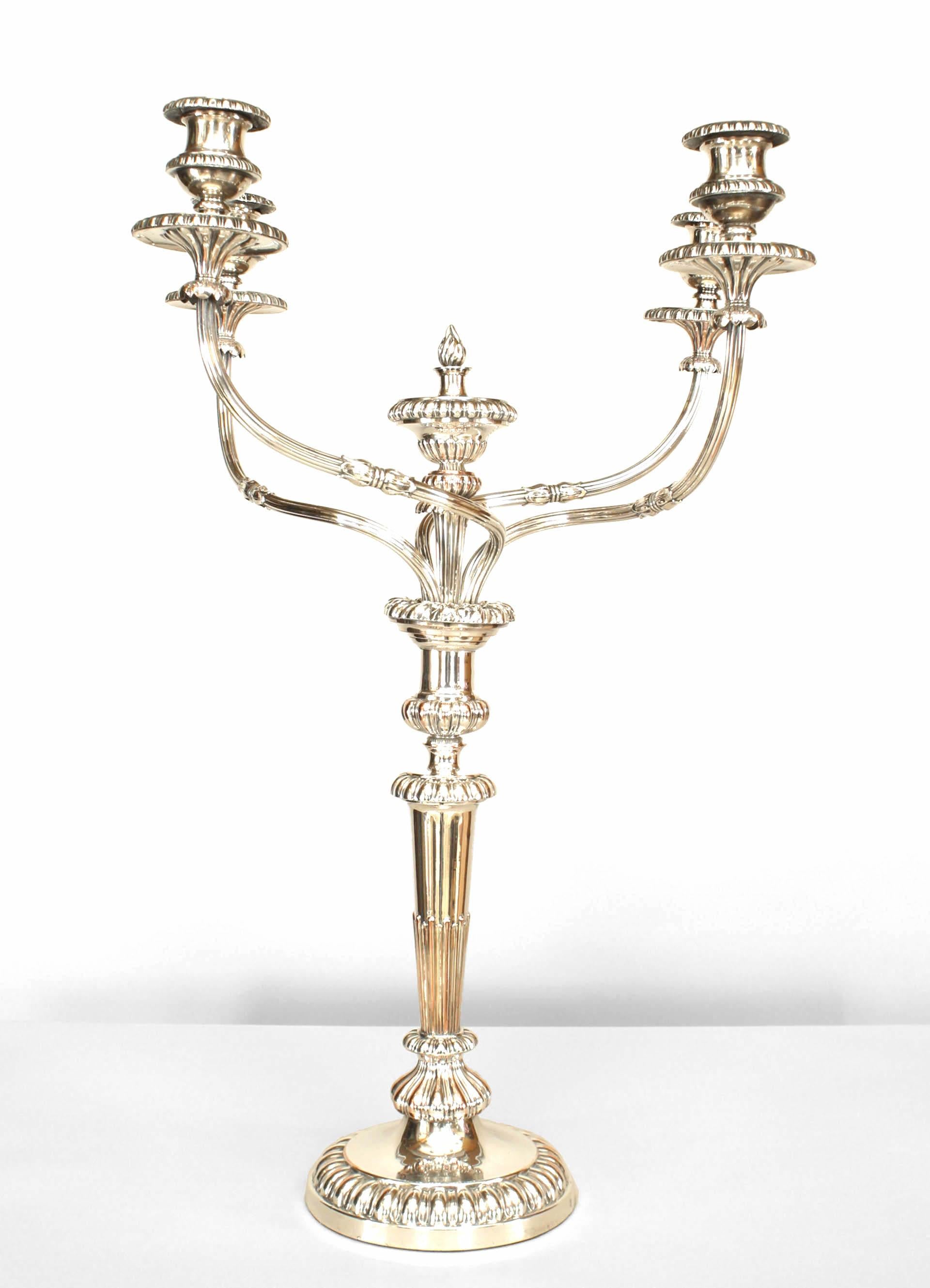 Pair of English Georgian-style (Circa 1815) silver plated swirl design 4 arm candelabras with finial top (The Boulton Plate Co., makers mark) (PRICED AS Pair)
