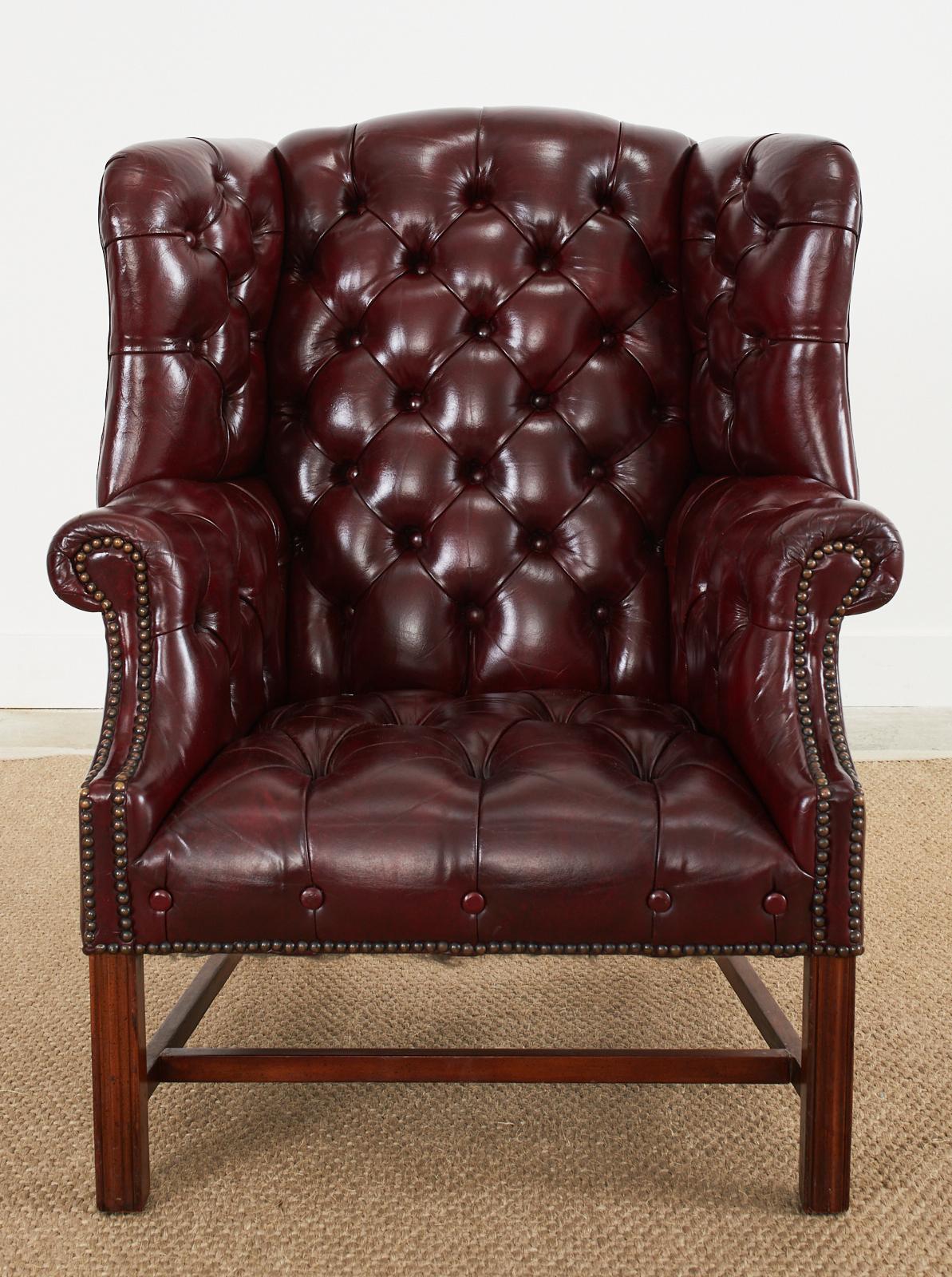 Chesterfield Pair of English Georgian Style Tufted Cordovan Leather Wingbacks