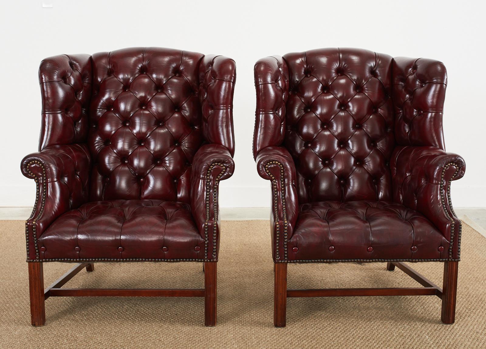 Pair of English Georgian Style Tufted Cordovan Leather Wingbacks In Good Condition In Rio Vista, CA