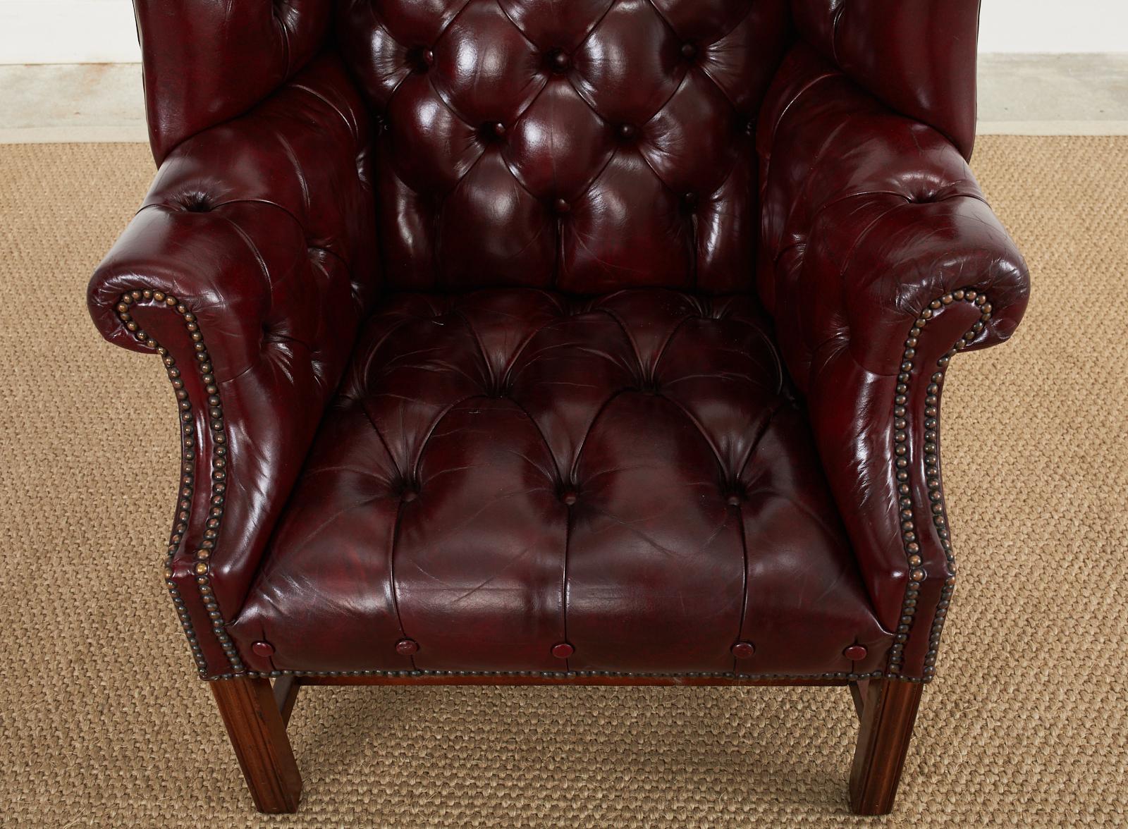 Pair of English Georgian Style Tufted Cordovan Leather Wingbacks 2