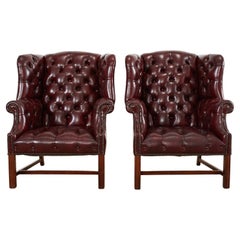 Vintage Pair of English Georgian Style Tufted Cordovan Leather Wingbacks