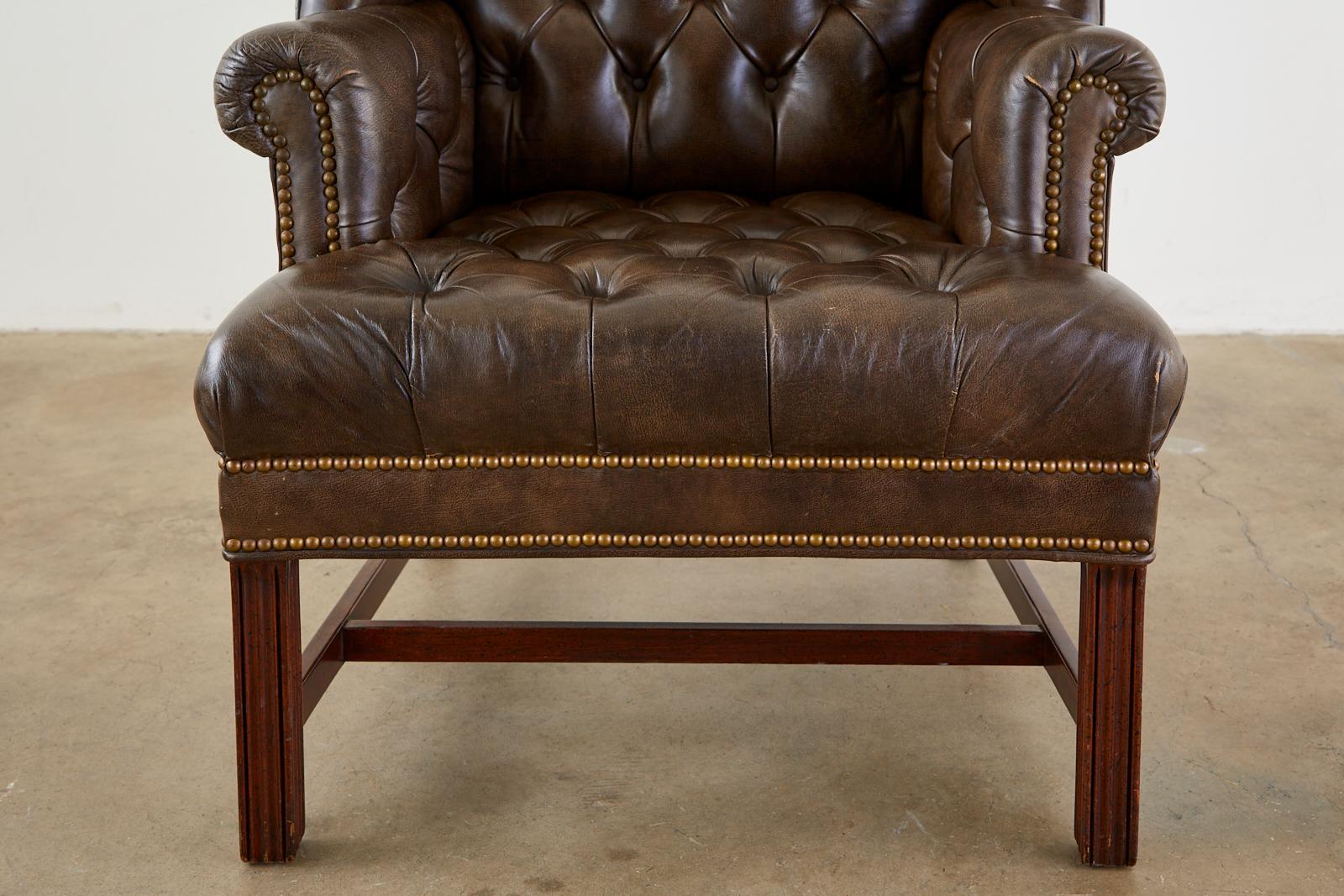 Pair of English Georgian Style Tufted Leather Wingbacks with Ottoman 4