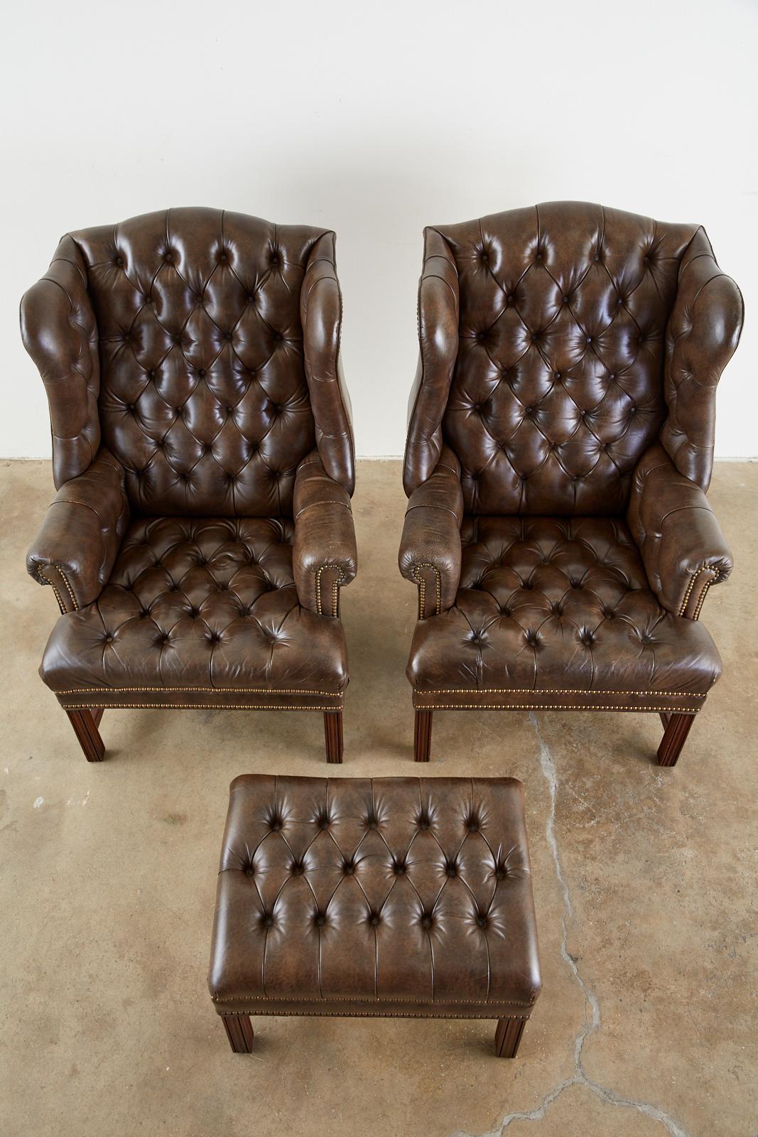 Hand-Crafted Pair of English Georgian Style Tufted Leather Wingbacks with Ottoman