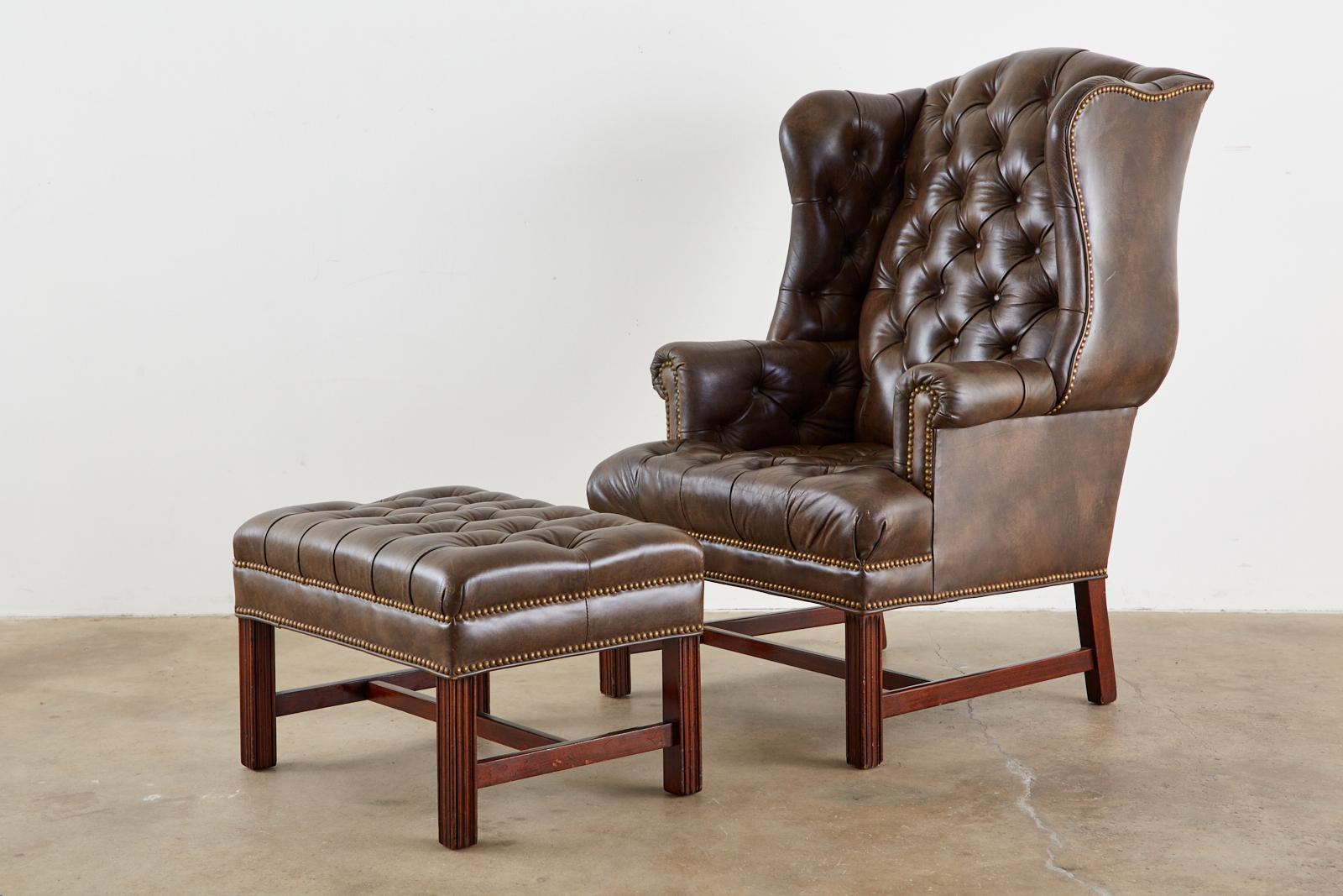 Brass Pair of English Georgian Style Tufted Leather Wingbacks with Ottoman