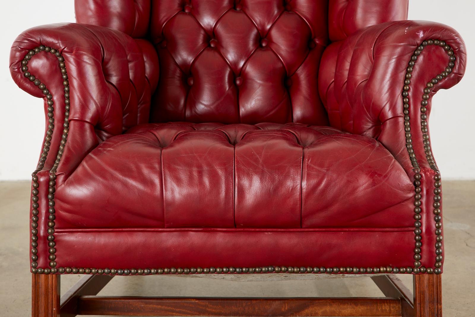 Pair of English Georgian Tufted Red Leather Wingback Chairs 1