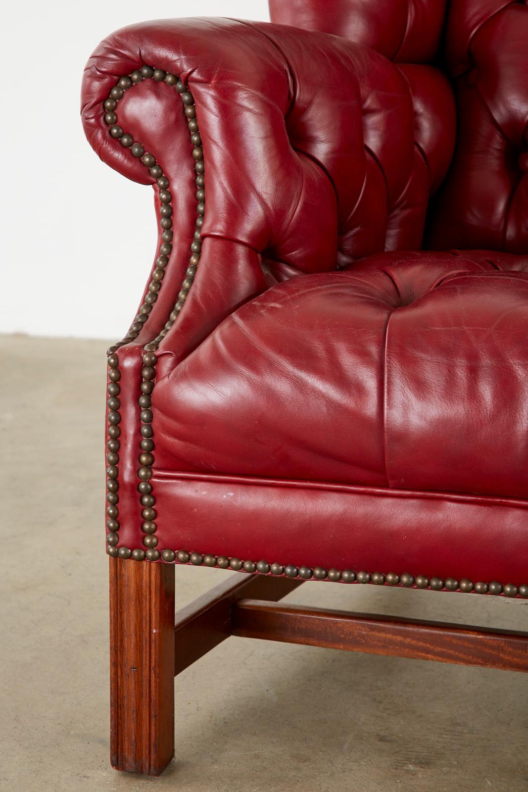 Pair of English Georgian Tufted Red Leather Wingback Chairs 2