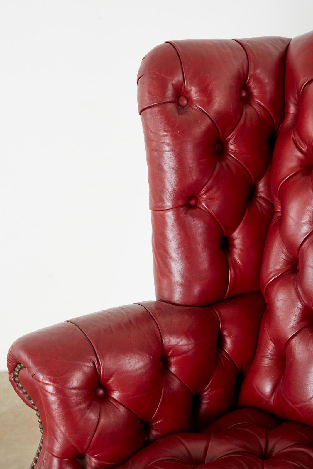 Pair of English Georgian Tufted Red Leather Wingback Chairs 5
