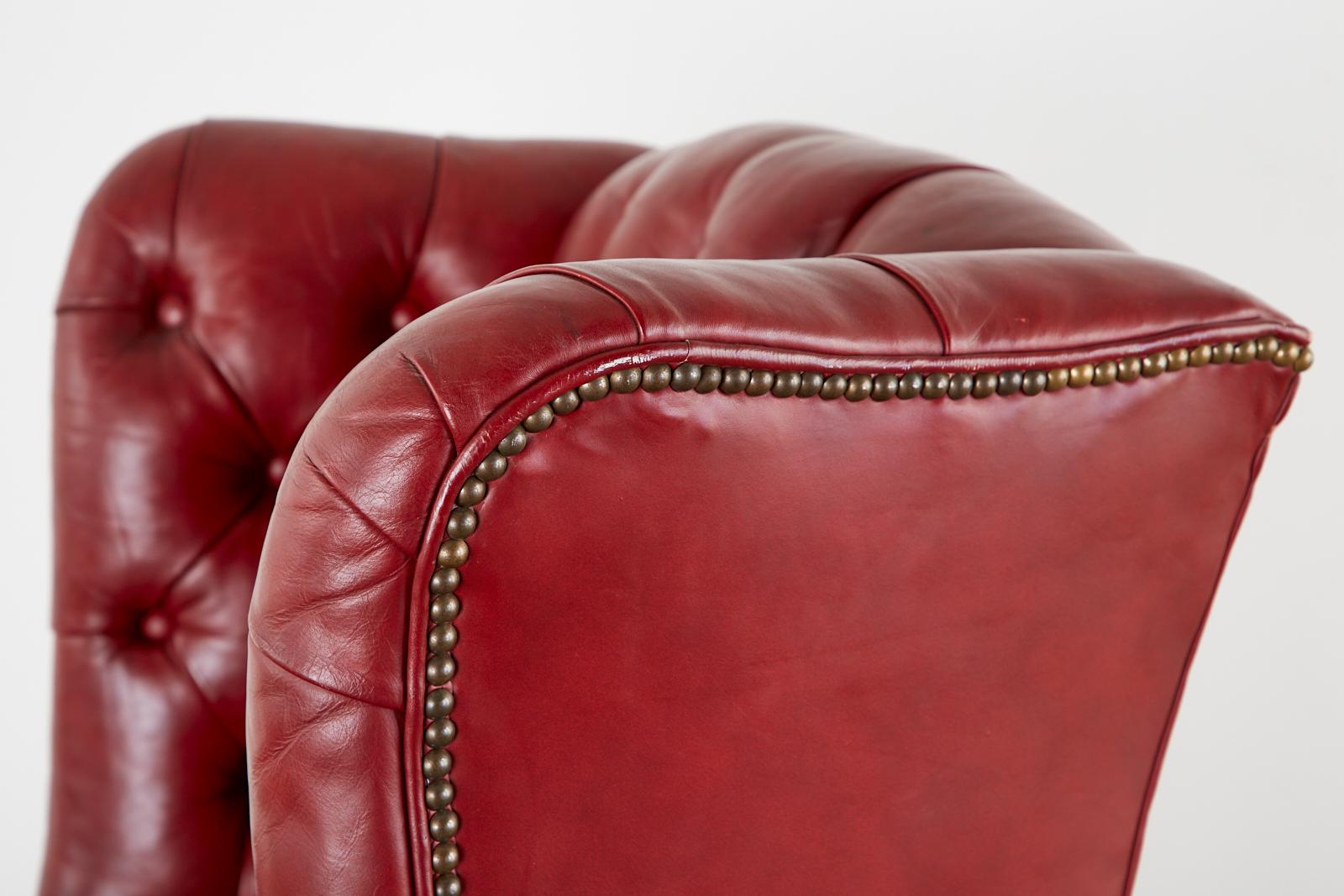 Pair of English Georgian Tufted Red Leather Wingback Chairs 7