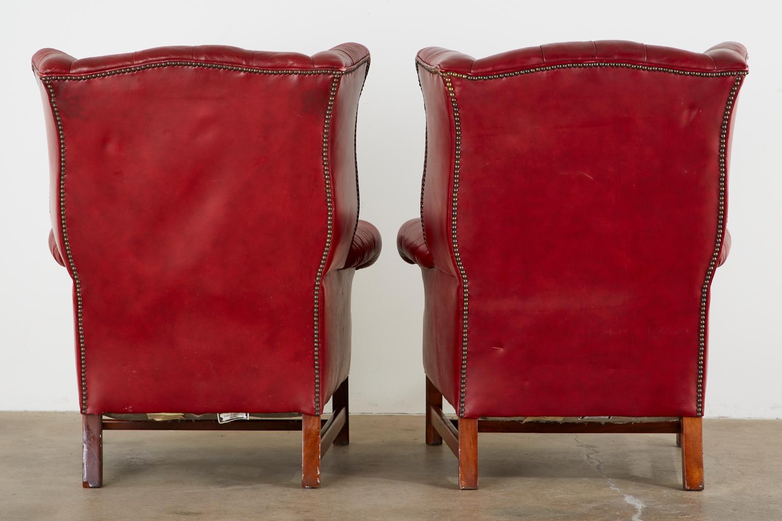 Pair of English Georgian Tufted Red Leather Wingback Chairs 11