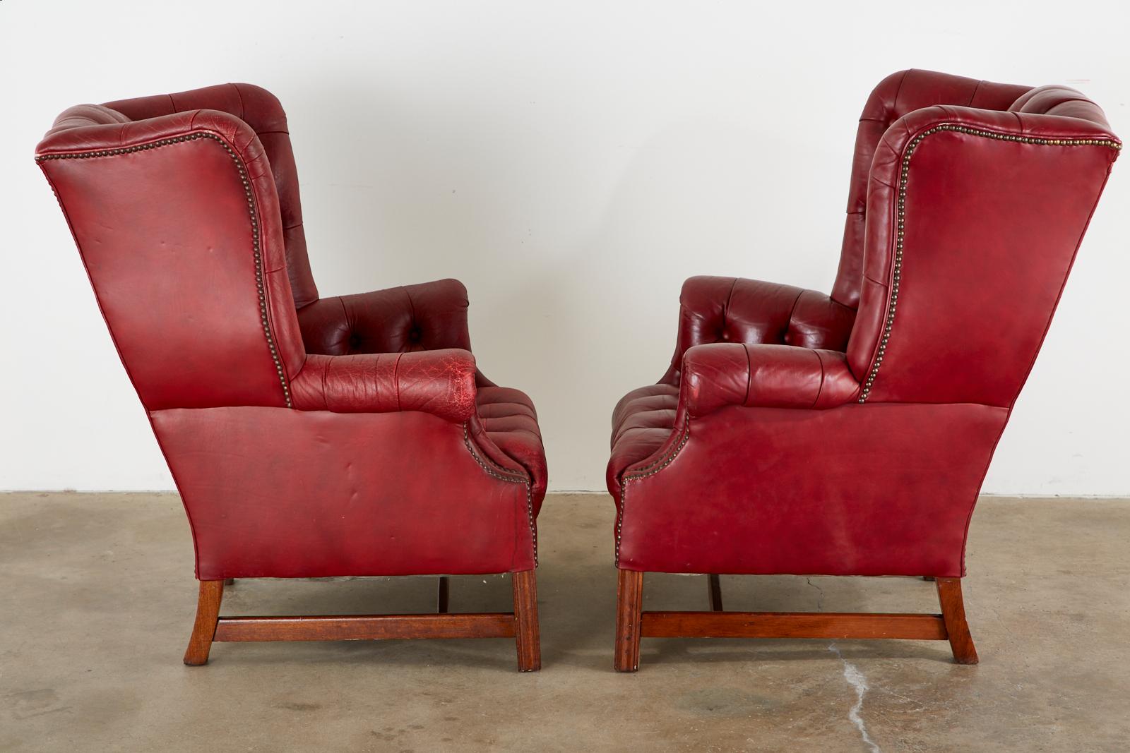 Hand-Crafted Pair of English Georgian Tufted Red Leather Wingback Chairs