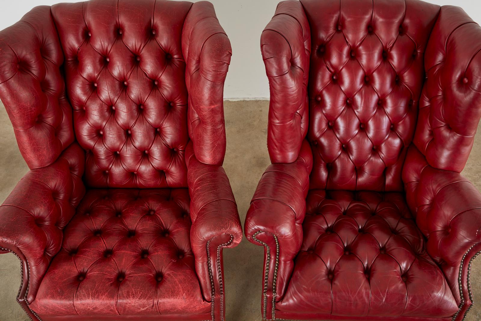 Pair of English Georgian Tufted Red Leather Wingback Chairs In Good Condition In Rio Vista, CA