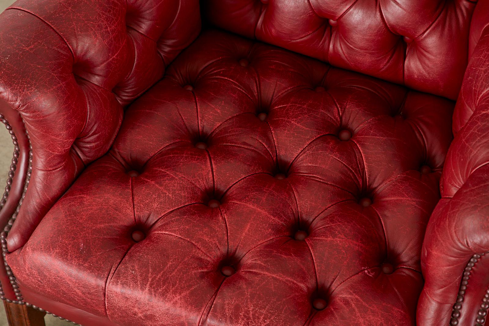 20th Century Pair of English Georgian Tufted Red Leather Wingback Chairs