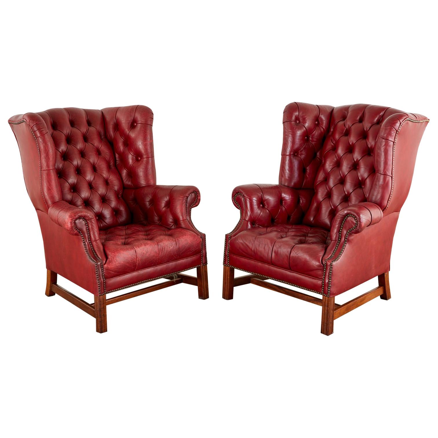Pair of English Georgian Tufted Red Leather Wingback Chairs