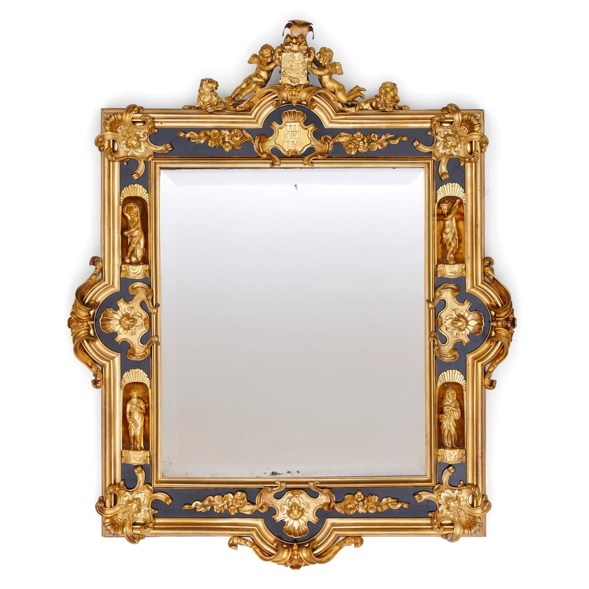 Renaissance Pair of English Gilt Bronze and Ebonised Wood Mirrors For Sale