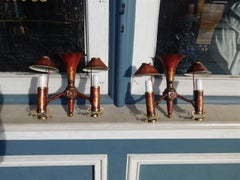 Pair of English Gilt Tole Decorative Foliage Two Arm Shaded Wall Sconces, C 1830