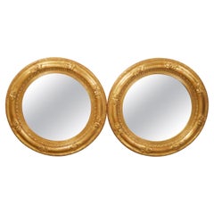 Pair of English Giltwood 1940s Round Convex Mirrors with Carved Oak Leaves