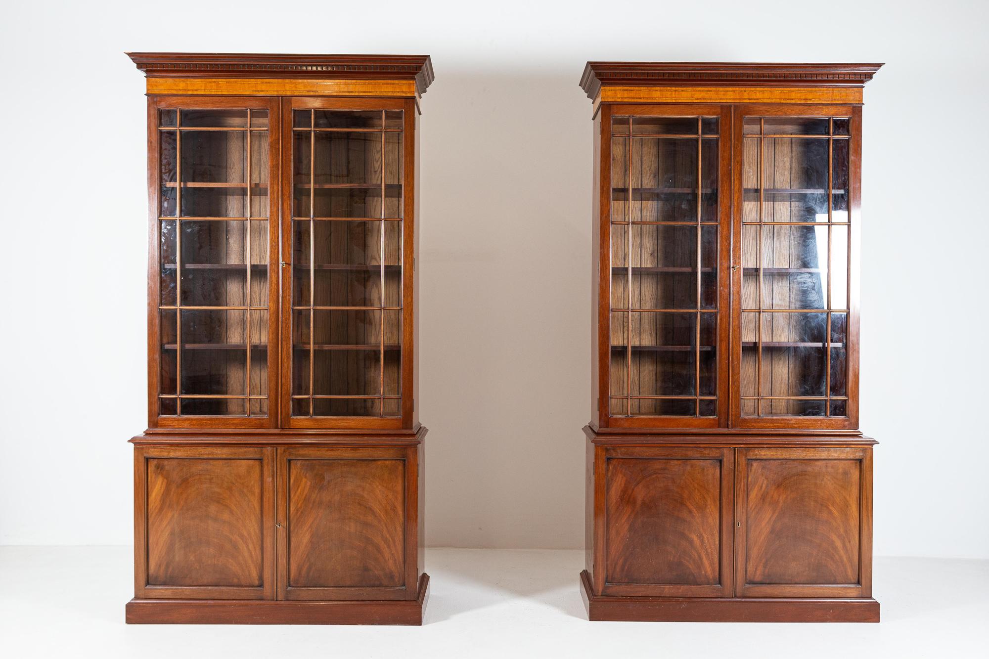 British Pair of English Glazed Inlaid Mahogany Bookcases