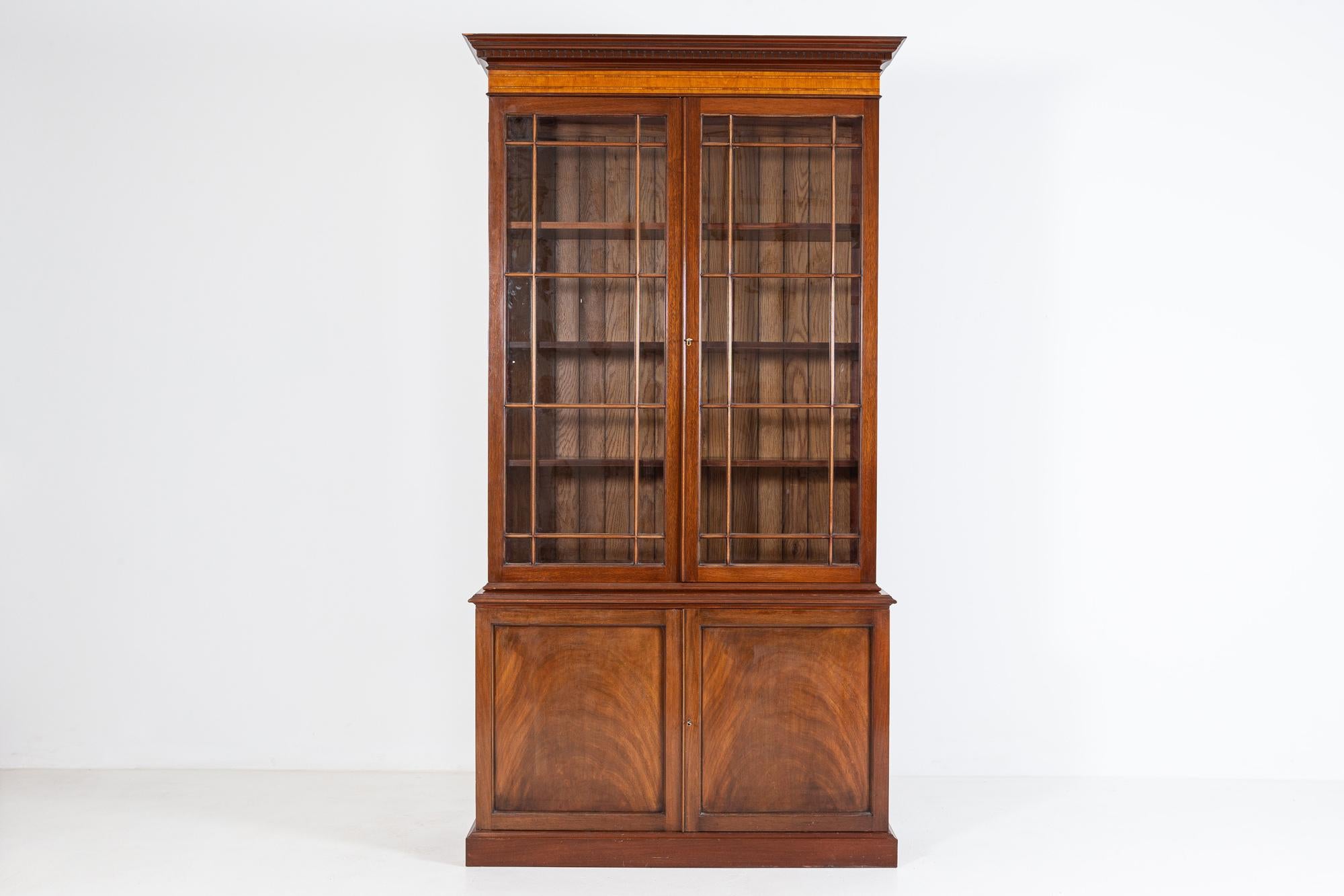 Pair of English Glazed Inlaid Mahogany Bookcases In Good Condition In Staffordshire, GB
