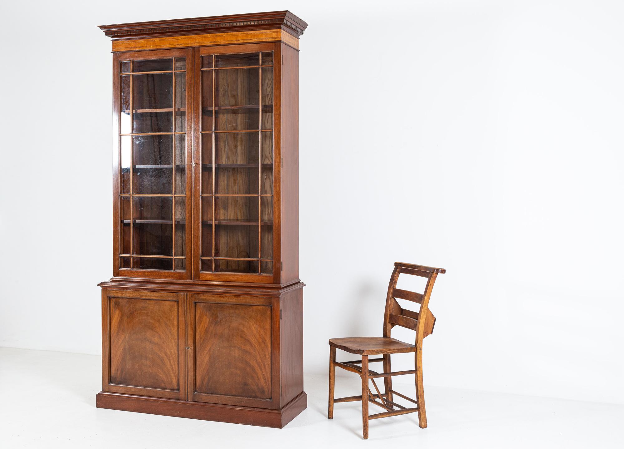 Pair of English Glazed Inlaid Mahogany Bookcases 4