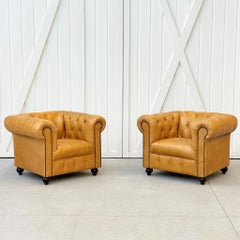 Pair of Custom-Made Gorgeous Tufted Caramel Chesterfield Club Chairs