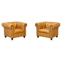 Pair of English Gorgeous Tufted Caramel Chesterfield Club Chairs