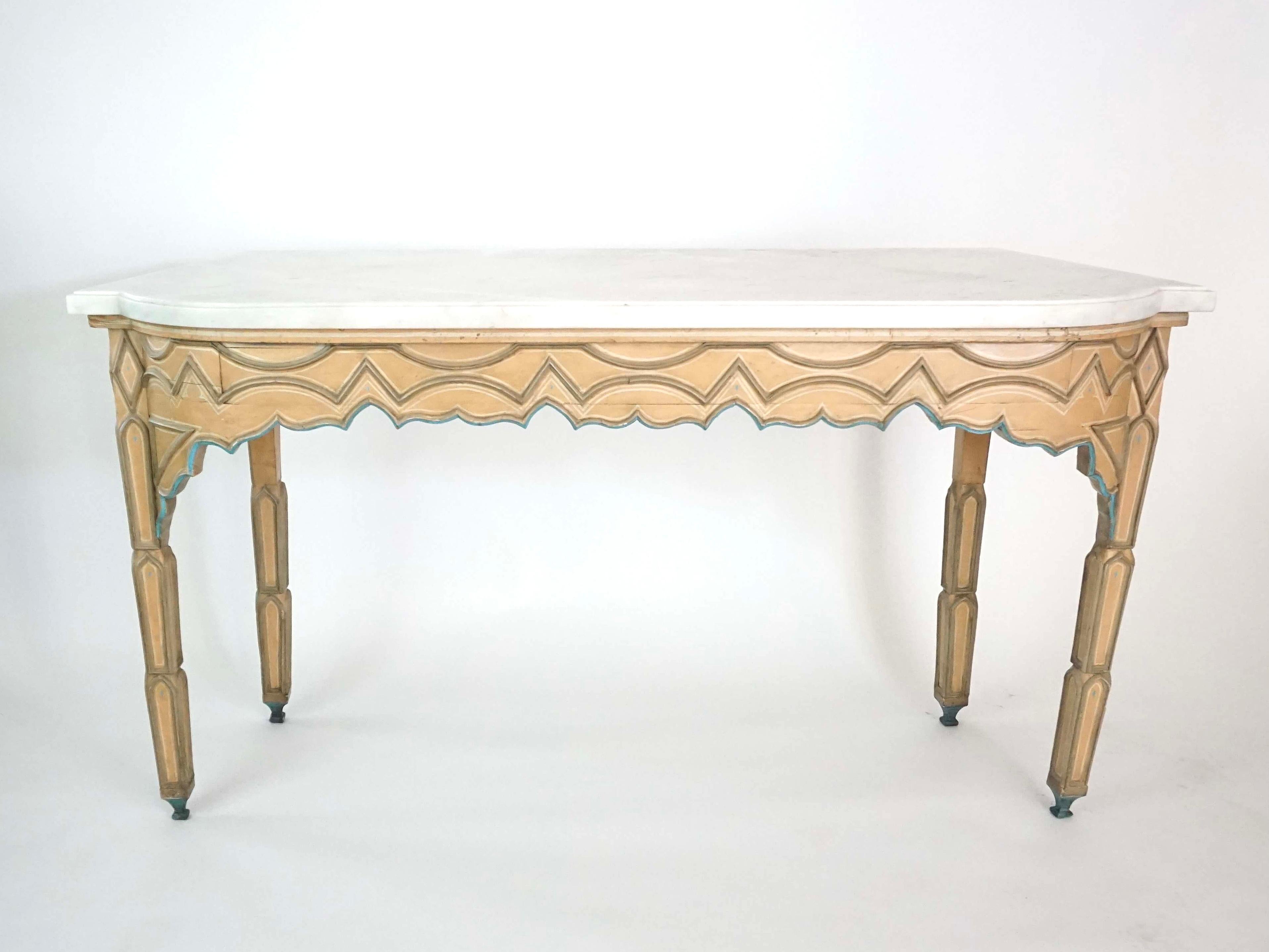 Pair French Troubadour Gothic Polychrome Painted Marble Top Consoles, circa 1840 For Sale 7